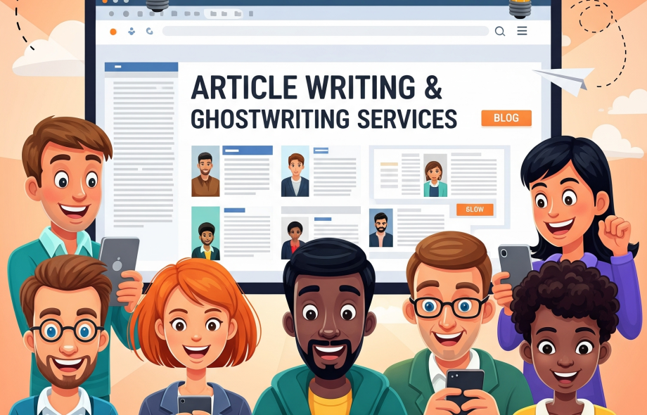 A comical and engaging featured image for a blog about article writing and ghostwriting services. It shows a diverse group of happy individuals interacting with a blog showcasing writing services on laptops and mobile devices. The scene features whimsical elements like floating paper airplanes and lightbulbs, with bright, cheerful lighting and a cartoonish, modern, and friendly style.